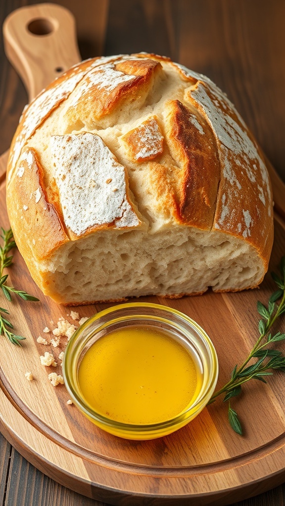 A crusty artisan bread loaf on a wooden board, showcasing its golden crust and soft interior.